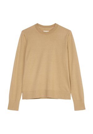 Pull léger marron à manches longues en tissu doux ; il présente un col rond, des poignets et un ourlet côtelés avec une coupe légèrement ample.