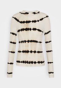 Top de algodón de manga larga con un patrón tie-dye en beige y negro con bandas horizontales y cuello redondo. Textura suave, diseño ajustado.