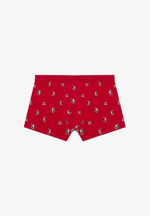 Boxers rouges en coton, ornés d'un motif de Père Noël dans diverses poses. Ceinture élastique au toucher doux.
