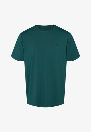 Tumši zaļa īsroku T-krekls ar apaļu kaklu un nelielu izšūtu logotipu kreisajā krūtīs.