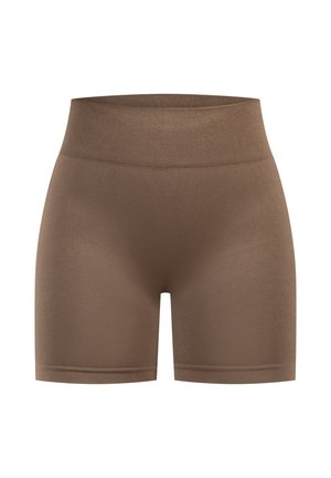 Bruine rekbare shorts met een gladde structuur en een brede elastische tailleband, ontworpen voor comfort en flexibiliteit.