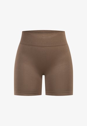 Pantaloni corti elasticizzati marroni con una superficie liscia e una ampia vita elastica, progettati per comfort e flessibilità.