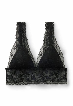 Schwarzer Spitzen-Bralette mit Blumenmustern, breiten Spitzen-Trägern, dreieckigen Körbchen und einem gewellten Spitzenband unter der Brust.