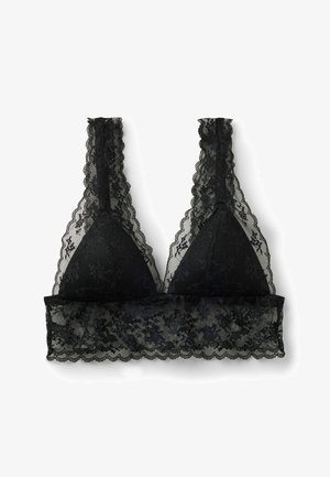 Schwarzer Spitzen-Bralette mit Blumenmustern, breiten Spitzen-Trägern, dreieckigen Körbchen und einem gewellten Spitzenband unter der Brust.