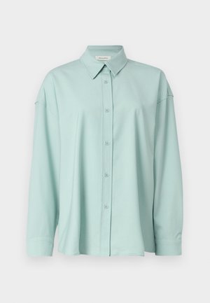 Lys grøn skjorte med knapper og krage, lange ærmer og afslappet pasform. Stoffet virker glat med en subtil tekstur.