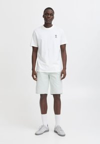 T-shirt bianca in cotone con piccola grafica, abbinata a pantaloni corti verde chiaro. Sneakers grigie con calzini bianchi completano l'outfit.