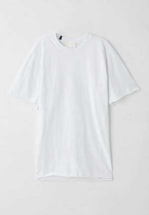 White short-sleeve t-shirt made of soft fabric; features a round neckline and a straight hem with no visible patterns or embellishments.