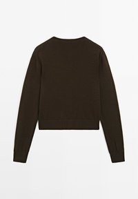 Maglione marrone lavorato a maglia con maniche lunghe, design cropped, colletto e polsini a costine, texture liscia. Vista posteriore mostrata.