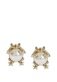 Gold-tone frog earrings featuring a large pearl, embellished with blue and iridescent stones. Intricate detailing on legs and body.