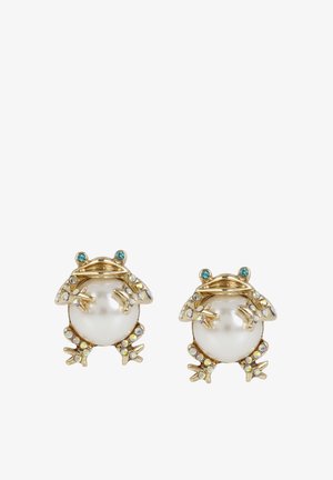Gold-tone frog earrings featuring a large pearl, embellished with blue and iridescent stones. Intricate detailing on legs and body.