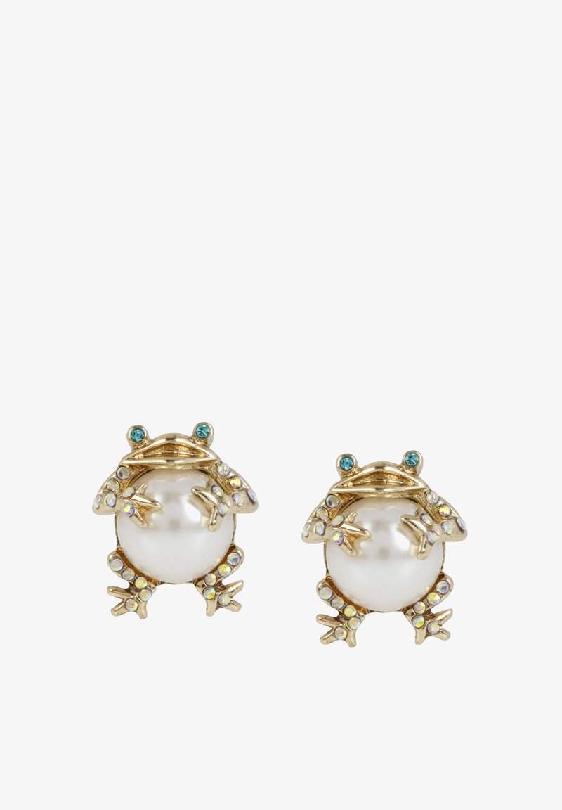 Gold-tone frog earrings featuring a large pearl, embellished with blue and iridescent stones. Intricate detailing on legs and body.
