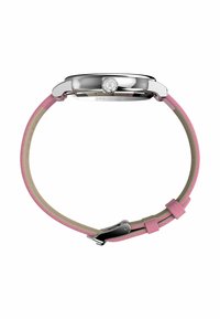 Ceas cu carcasă rotundă din argint, cu curea din piele roz. Prezintă o finisare texturată și un închizător din metal. Design minimalist, fără embellishments suplimentare.
