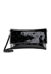 Clutch in vernice nera con motivo floreale e logo in rilievo, tracolla removibile e forma rettangolare elegante.