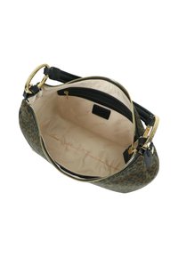 Borsa con stampa leopardata caratterizzata da una cerniera dorata, dettagli neri e interno beige con tasca con cerniera. Forma strutturata con manico superiore.