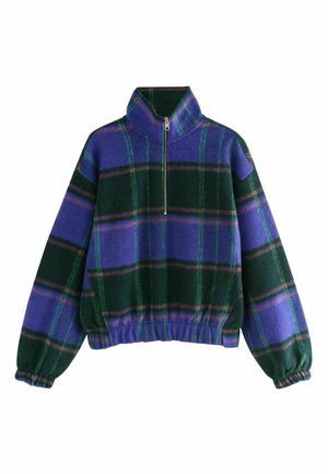 Fleece-Pullover mit einem grün-blauen-lila karierten Muster, halblanger Reißverschluss vorne, hohem Kragen sowie elastischem Bund und elastischen Manschetten.