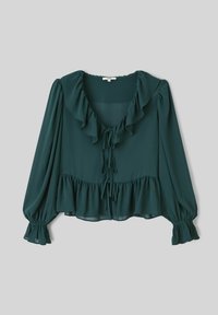 Blouse teal avec un col à volants, un devant à cordon de serrage et de longues manches bouffantes. Tissu léger avec un ourlet légèrement évasé et des poignets froncés.