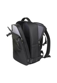 Zaino nero con spallacci imbottiti, molteplici scomparti con zip e fibbia laterale, parzialmente aperto per mostrare l'interno spazioso.