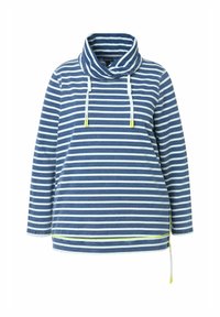 Pullover a righe blu e bianche con collo a cascata, cordini e cerniere laterali. Realizzato in tessuto morbido con una vestibilità rilassata.