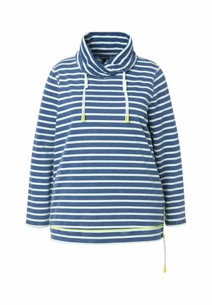 Gestreepte blauwe en witte trui met een capuchonnek, trekkoorden en zijritsen. Gemaakt van zachte stof met een relaxte pasvorm.