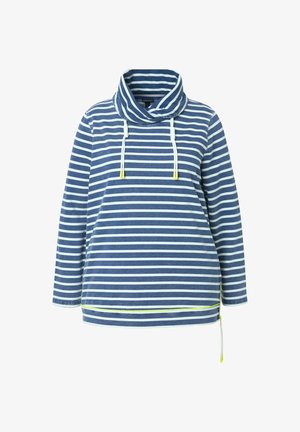 Gestreepte blauwe en witte trui met een capuchonnek, trekkoorden en zijritsen. Gemaakt van zachte stof met een relaxte pasvorm.