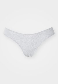 Gray cotton thong with a smooth texture, featuring a minimal design and thin waistband. No distinctive patterns or hardware present.