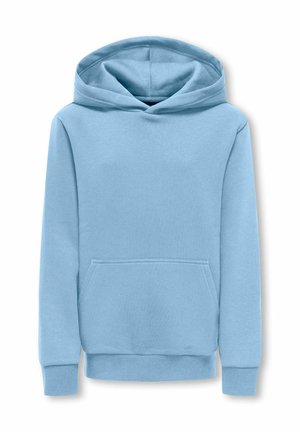 Light blue pullover hoodie made of soft fabric, featuring a large front pocket, ribbed cuffs, and a drawstring hood.