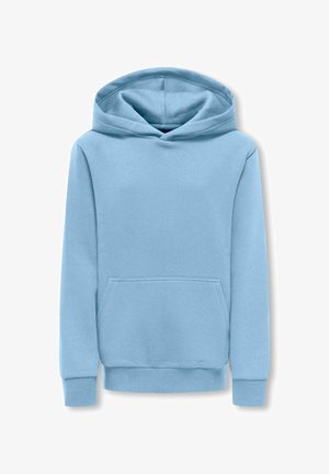 Light blue pullover hoodie made of soft fabric, featuring a large front pocket, ribbed cuffs, and a drawstring hood.