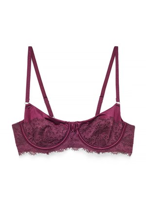 Reggiseno con ferretto in raso viola e pizzo, con spalline regolabili e dettagli in pizzo floreale lungo le coppe e la fascia.