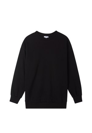 Felpa nera con colletto rotondo, maniche lunghe, polsini e fondo a costine, esposta su uno sfondo bianco.