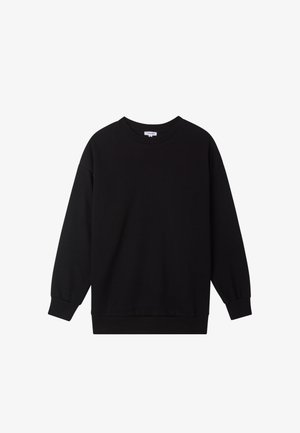 Felpa nera con colletto rotondo, maniche lunghe, polsini e fondo a costine, esposta su uno sfondo bianco.