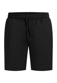 Zwarte shorts met een elastische tailleband en trekkoord, gemaakt van glad materiaal met een ontspannen pasvorm en zonder zichtbare patronen of accenten.