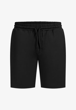 Black shorts featuring an elastic waistband with drawstring, made from smooth material with a relaxed fit and no visible patterns or accents.