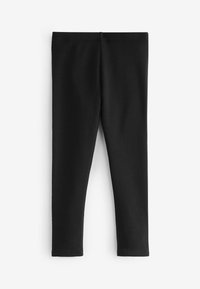 Svarta leggings gjorda av elastiskt tyg, med en smal passform, helängdsdesign, elastisk midja och utan synliga sömmar eller mönster.