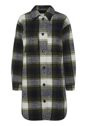 Plaid shirt jacket made of wool. Features a green, black, and white check pattern, button front, and collared neckline. Long sleeves.
