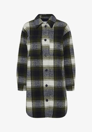 Veste à carreaux en laine. Présente un motif à carreaux vert, noir et blanc, avec un devant boutonné et un col. Manches longues.