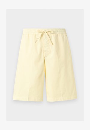 Lichtgele knielange short met elastische tailleband en een vooraan bindkoord, weergegeven op een effen lichte achtergrond.