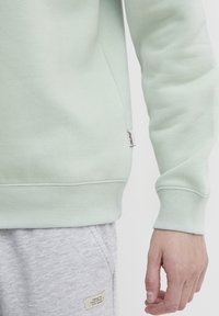 Felpa verde chiaro con polsini e orlo a coste. Materiale morbido in misto cotone. Piccola etichetta del marchio sul lato. Abbinata a pantaloni della tuta grigi.