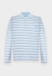 Light blue long-sleeve polo shirt with horizontal gray and white stripes and a collared neckline.