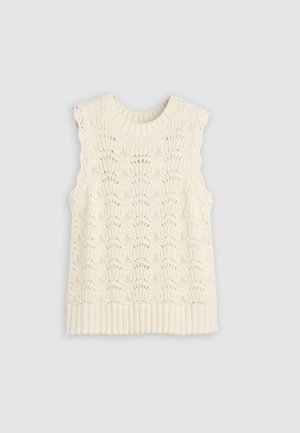 Ermeløs kremfarget strikket vest med bølgete kanter og detaljert hullete mønster, med ribbet halslinning og kant.