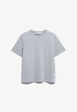 Hellgraues T-Shirt mit kurzen Ärmeln aus Baumwolle. Es hat einen Rundhalsausschnitt und einen geraden Schnitt, mit einem kleinen Markenlabel an der Seitennaht.