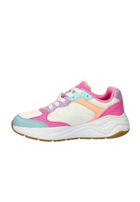 Kleurige sneaker met een mix van witte, roze, lavendel en blauwe textiel. Textuuraccenten, een gewatteerde kraag en een rubberen outsole.