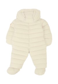 Crème-kleurige gevoerde baby sneeuwpak met een vaste capuchon en bedekte voeten, gestikt in horizontale strepen voor warmte en comfort.