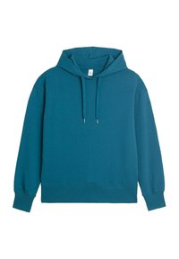 Felpa turchese realizzata in tessuto morbido, con tasca a marsupio, cappuccio con cordino e polsini e orlo a coste. Design semplice e dal taglio rilassato.