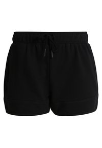 Svarta bomulls atletshorts med elastisk midjeband, dragsko och kontrasterande sömmar vid fållen. Mjuk textur, avslappnad design.