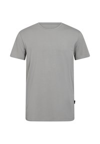 Grå kortærmet t-shirt lavet af bomuld med rund hals, der har en glat tekstur og en afslappet pasform. Ingen synlige mønstre eller grafik.