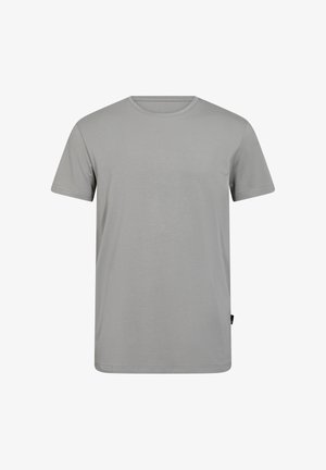 Grå kortærmet t-shirt lavet af bomuld med rund hals, der har en glat tekstur og en afslappet pasform. Ingen synlige mønstre eller grafik.