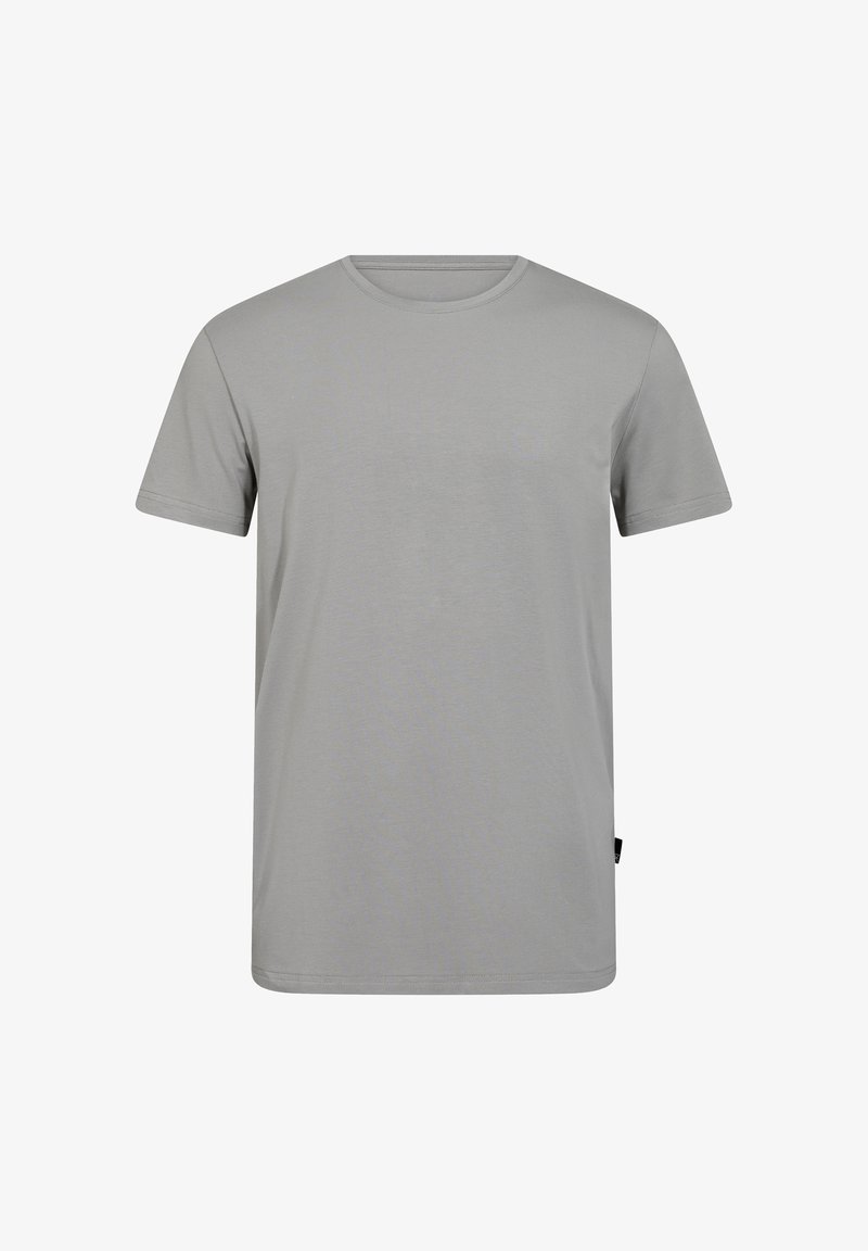 Grå kortærmet t-shirt lavet af bomuld med rund hals, der har en glat tekstur og en afslappet pasform. Ingen synlige mønstre eller grafik.