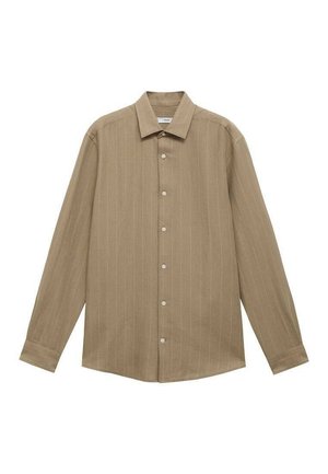 Long-sleeve, light brown shirt with subtle vertical stripes, standard collar, and white buttons along the front placket. Soft fabric texture.