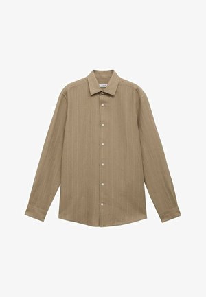 Camicia a maniche lunghe di colore marrone chiaro con sottili righe verticali, colletto classico e bottoni bianchi lungo la piastra frontale. Tessuto morbido.