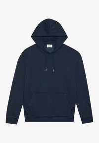 Mørkeblå bomull hettegenser med frontlomme, justerbar snorhette og ribbestrikkede ermer. Glatt tekstur og enkelt design.